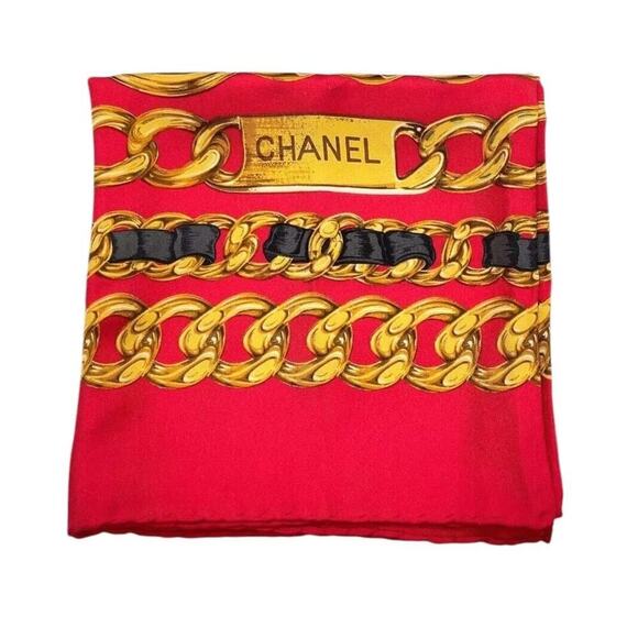 CHANEL Coco Mark Logo Red Chain Pattern Silk Scarf/Stole W/Box - Picture 3 of 16